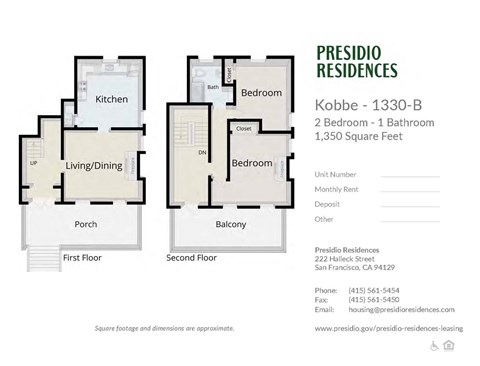 A floor plan for a 2 Bedroom - 1 Bathroom apartment at Presidio Residences.